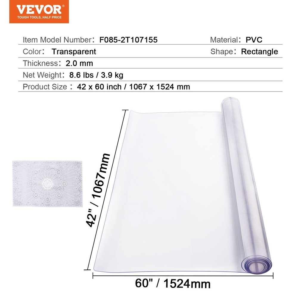 Plastic Table Cover 42 x 60 Inch 2.0 mm Thick Clear Table Protector Rectan