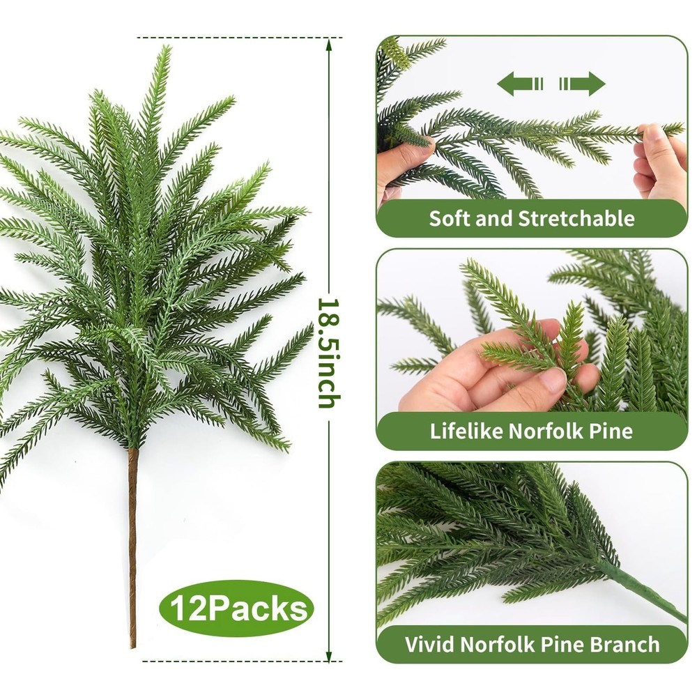 12 Pcs Christmas Norfolk Pine Branches, Artificial Pine Branches Norfolk Pine...