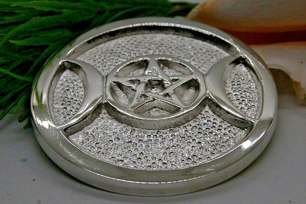 Triple Moon Pentagram Altar Tile Silver Plated Over Solid Brass 3" Wicca. Witch