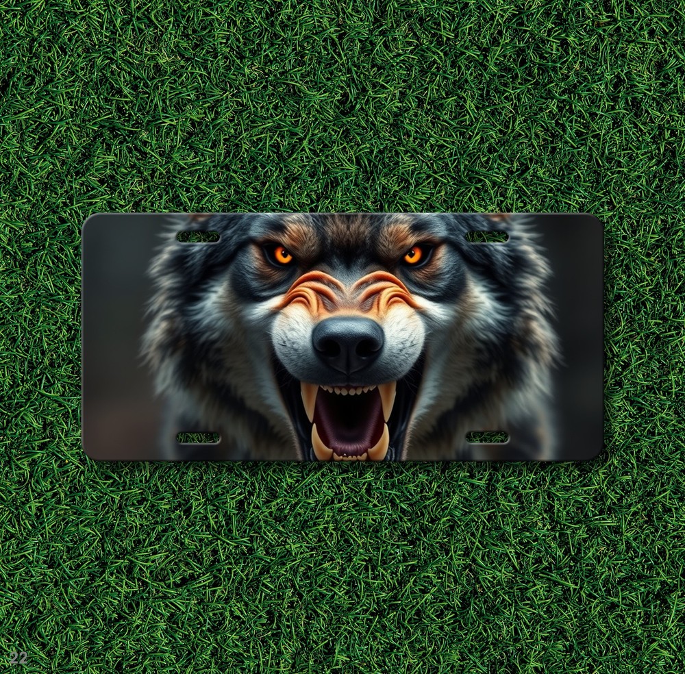 Snarling Wolf License Plate with Sharp Teeth Personalized Car Tag Special Gift