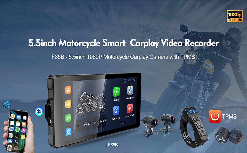 5.5" Motorcycle GPS Navigation Touch Screen Wireless CarPlay Android Auto Cam