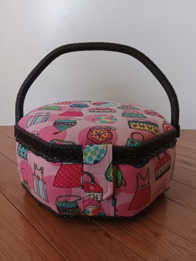 Sewing Box Hexigon Shaped Padded Pink w/ Black Wicker Handle 9" Diameter