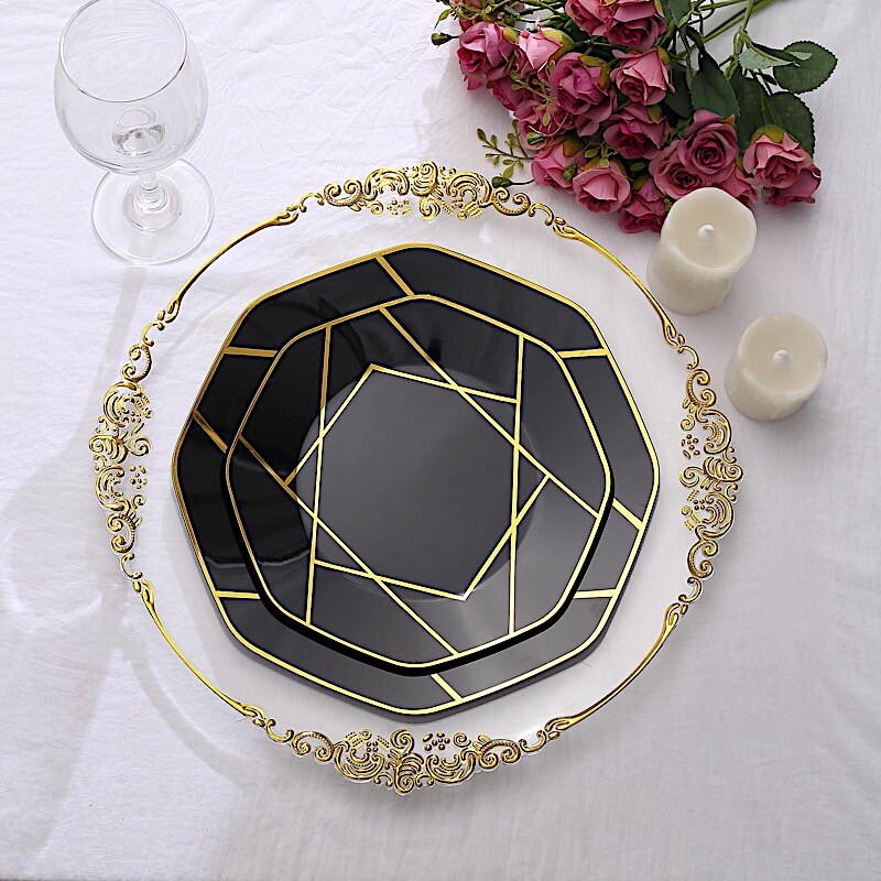 10 Octagon 10" Plastic Dinner Plates Gold Geometric Design Disposable Tableware