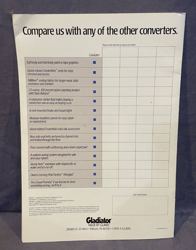 Gladiator Made by Glaval conversion van 1988 brochure