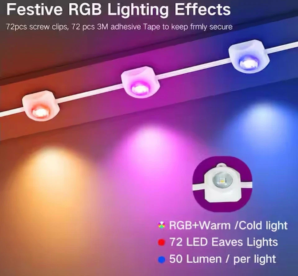 BICIK RGBIC Permanent 72 Light 100 ft. Outdoor Plug-In LED Novelty String-Light