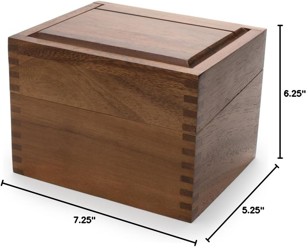 Acacia Wood Recipe Box with Divider Tabs, 2 Compartment, Single