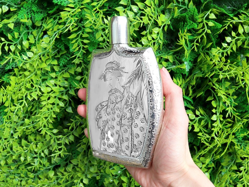 Antique Japanese Silver Hip Flask Circa 1900