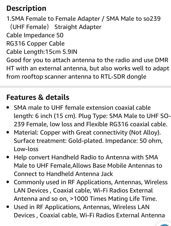 Radio Ext Antenna Coax Adapt Cable 6”
