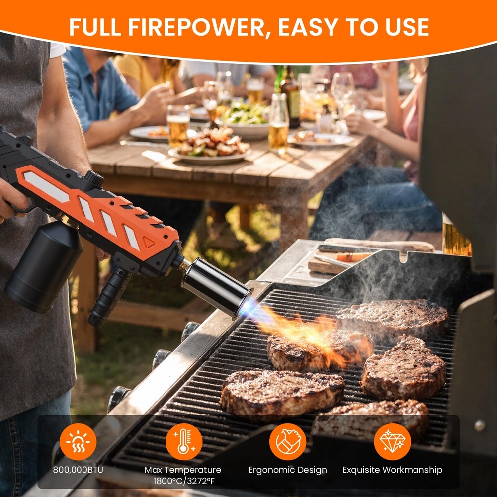 Powerful Propane Torch Gun, Adjustable Flame Thrower Kitchen Orange
