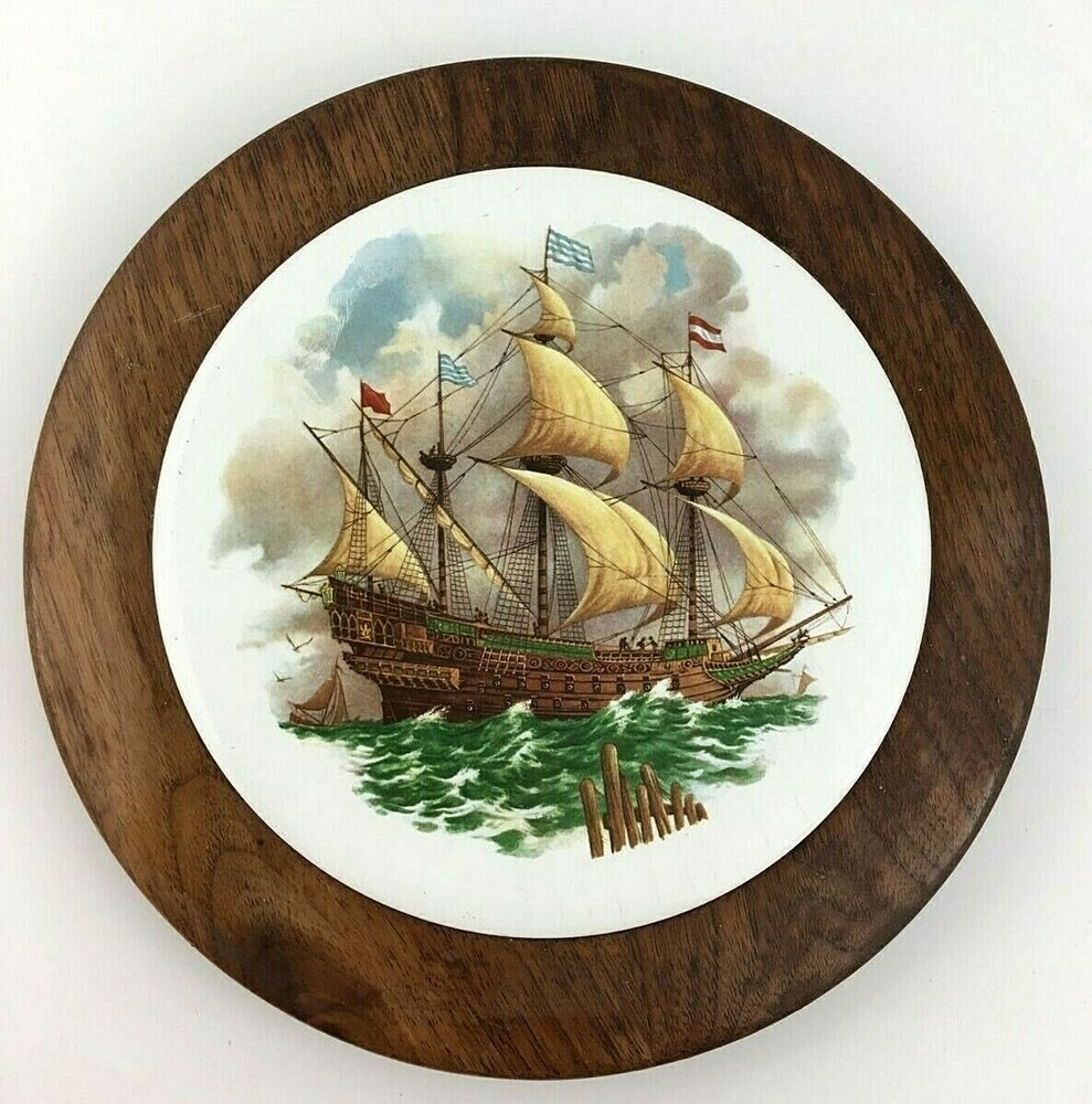 Wood Framed Ceramic Ship Sailing Boat Trivet