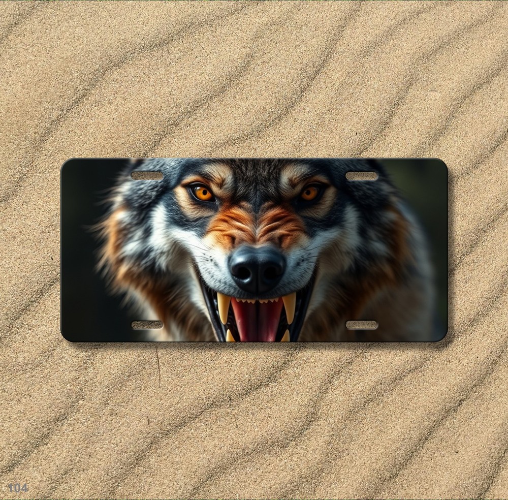 Aggressive Wolf License Plate with Fangs Customizable Auto Tag Unique Gift