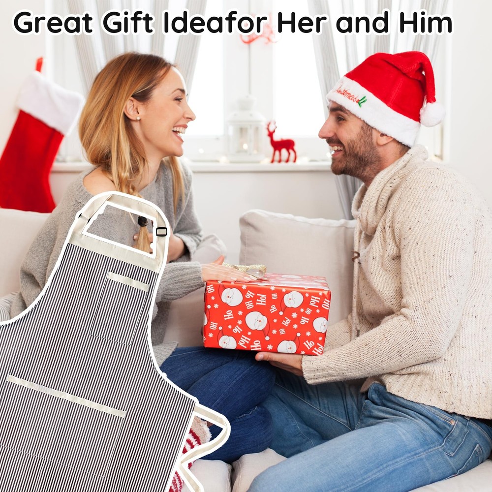 2 Pack Stripe Kitchen Apron, Adjustable Bib Apron with 3 Pockets, Chef Aprons...