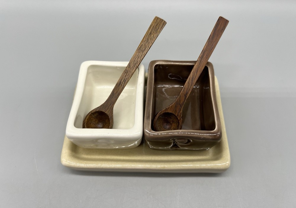 Pottery Barn Studio Barbara Eigen Ceramic Salt & Pepper Cellars Wood Spoons