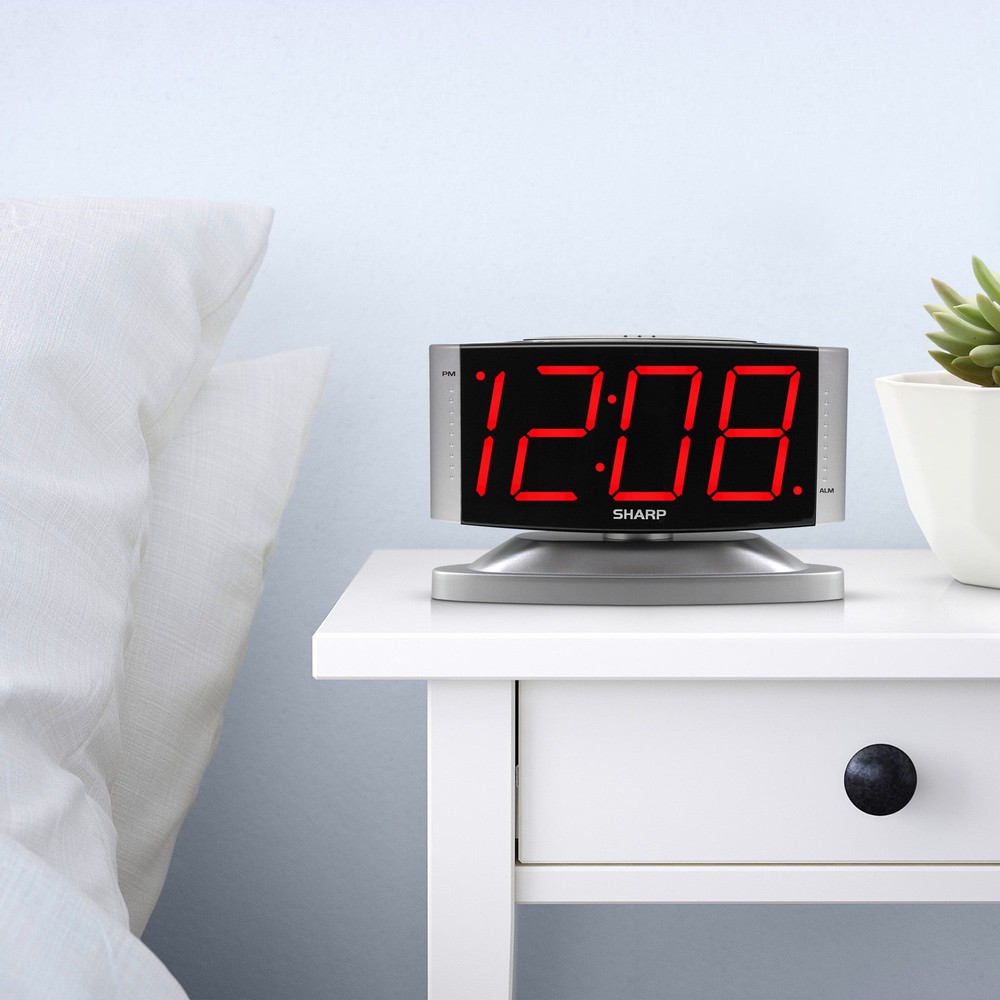 Sharp LED Digital Alarm Clock, Swivel Base, Silver Case, Red Display, SPC033D