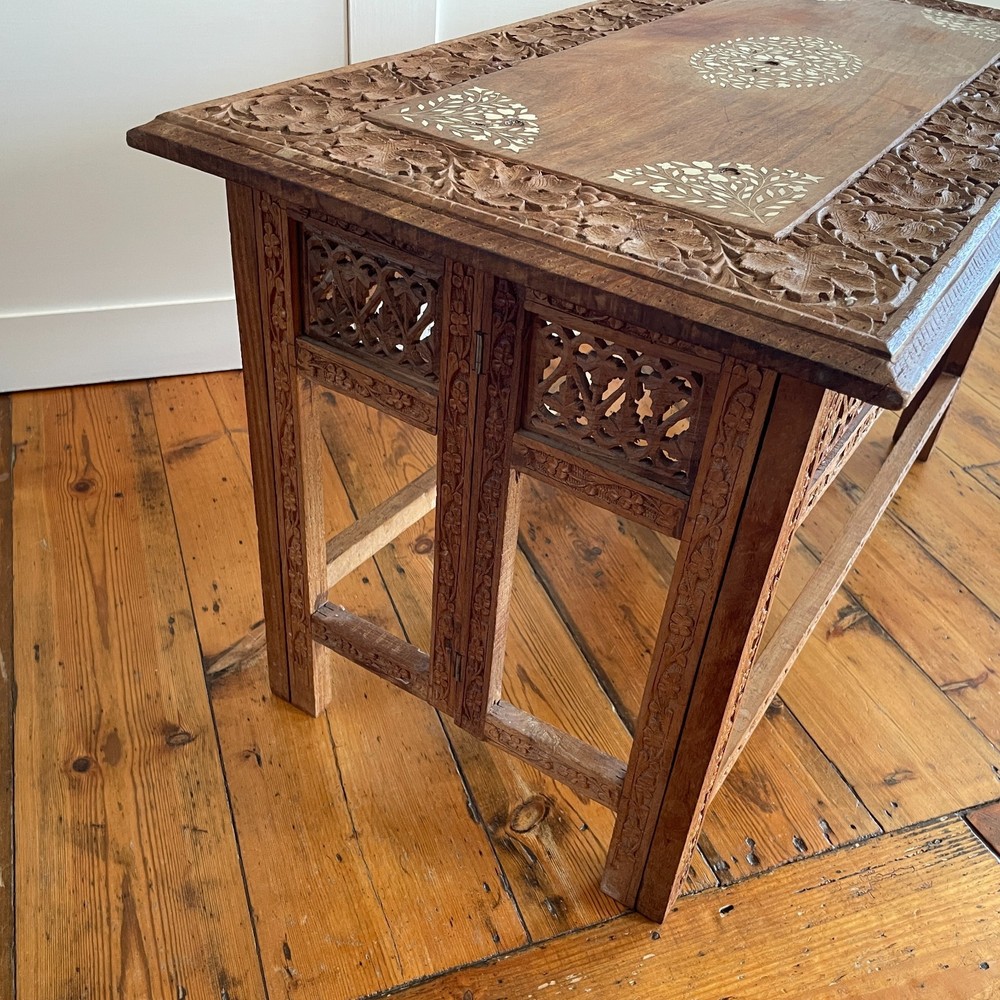 Indian Carved Folding Table Rectangular Coffee Table Inlaid Floral Pattern