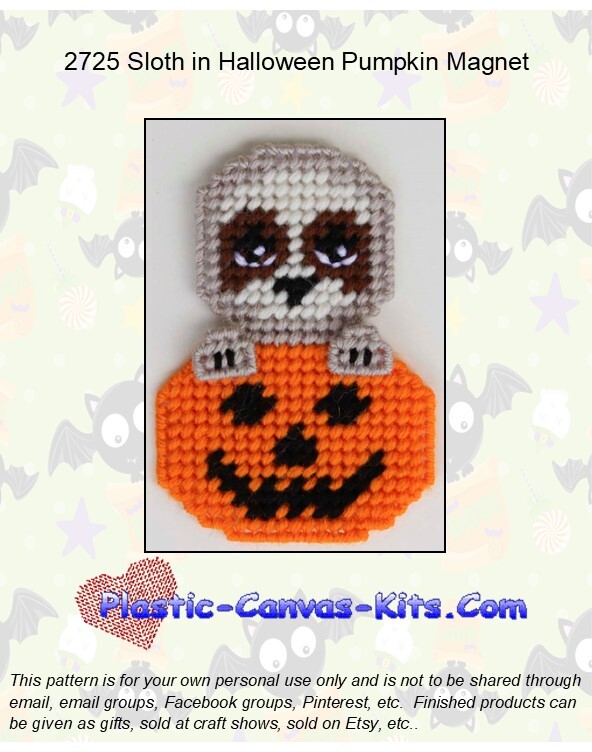 Sloth in Halloween Pumpkin Magnet-Plastic Canvas Pattern or Kit