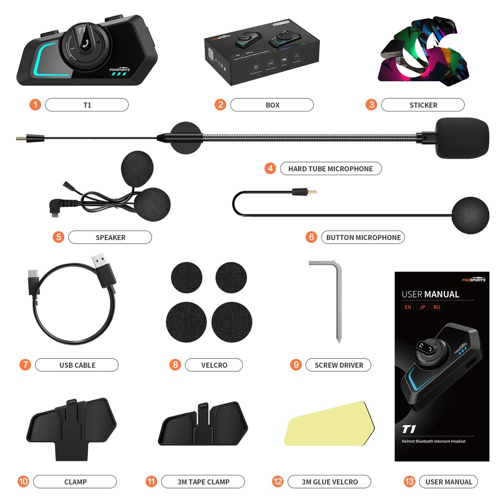 T1 Motorcycle Intercom Bluetooth Helmet Headset 2-way 1km Communication +Sticker