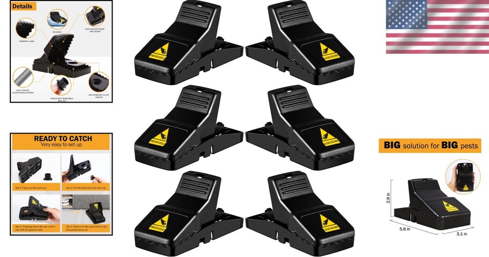 Professional Quality Rat Traps - 6 Pack, Easy Setup & Safe No-Touch Trick