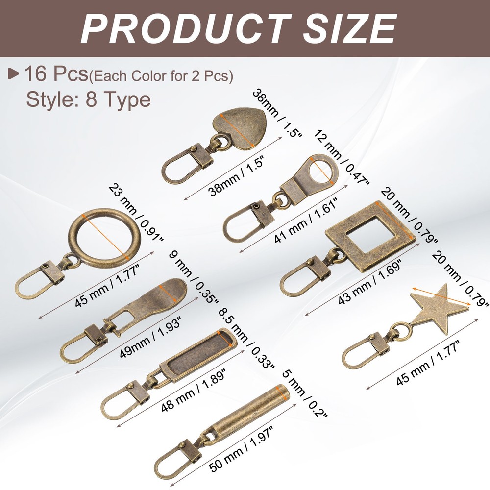 16 Pcs Zipper Pull, 1.77 Inch Metal 8 Type Zip Puller Zipper, Bronze