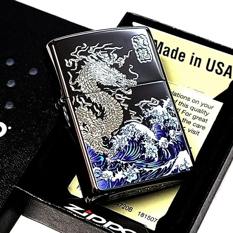 Zippo Wave Dragon Black Silver Etching One Sided Processing Lighter Regular