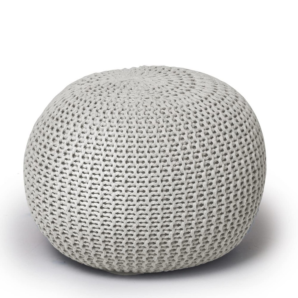 Round Knit Pouf - Hand Woven Cotton, Ivory