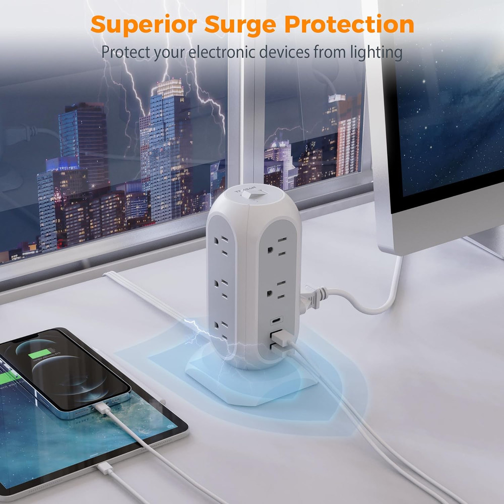 Tower Power Strip Flat Plug with 11 Outlets 3 USB (1 USB C), Surge Protector...