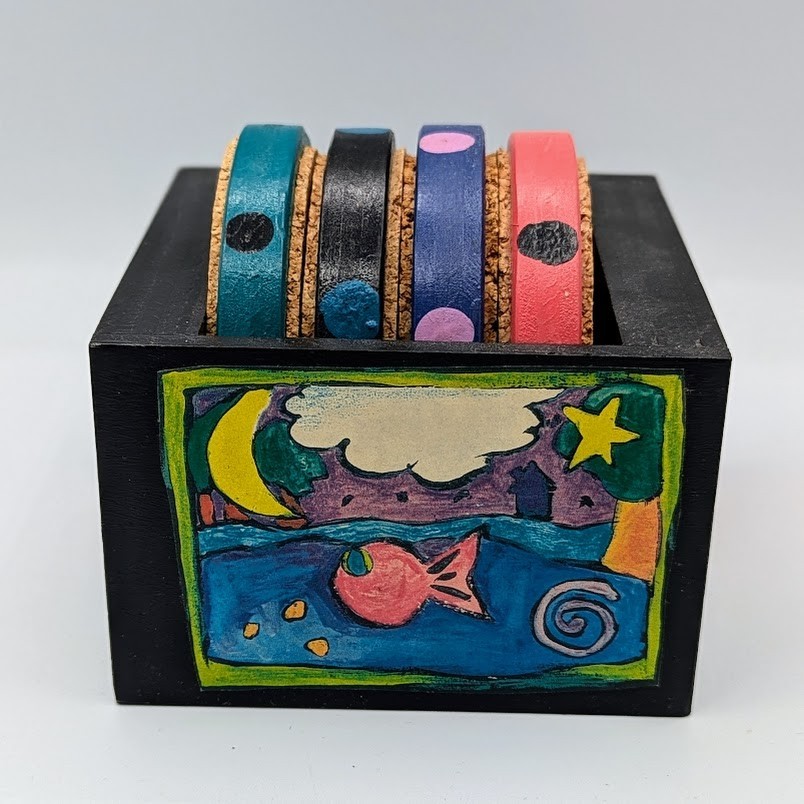 4 x Hand Made Cork Coasters, Colorfully Painted