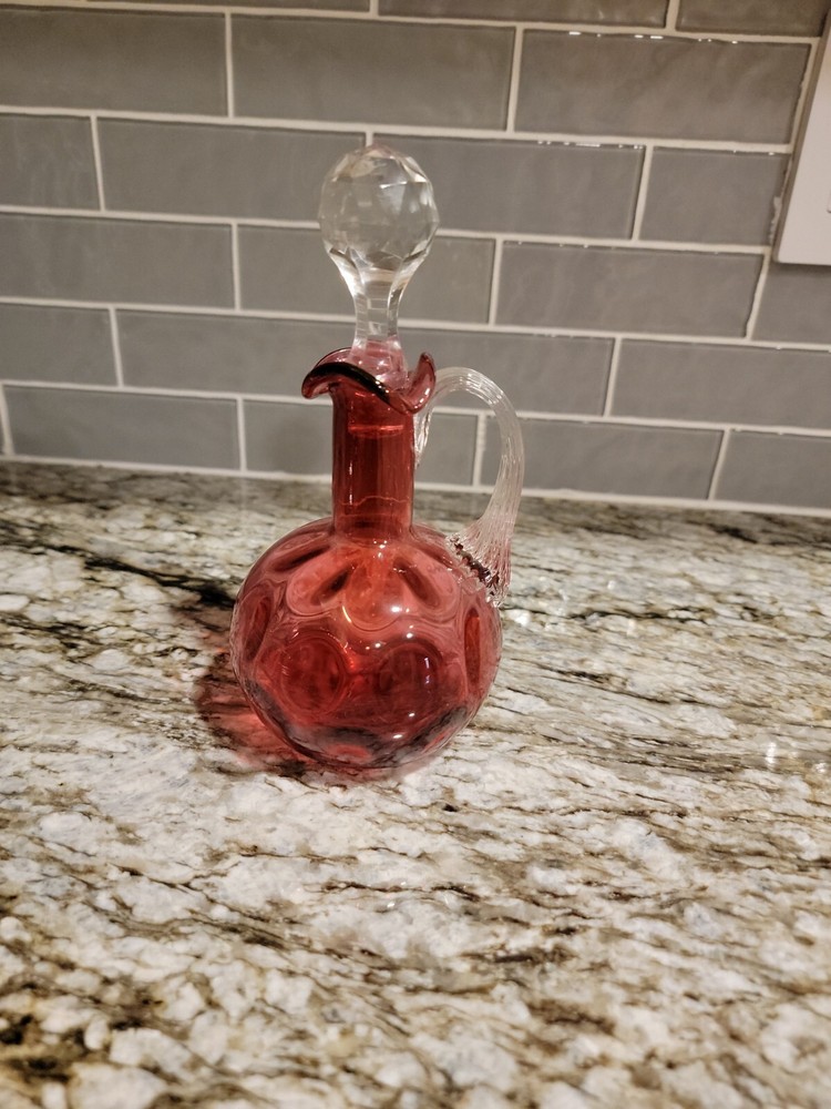 Cranberry Vinegar Cruet with Stopper  -  Coin Dot Pattern