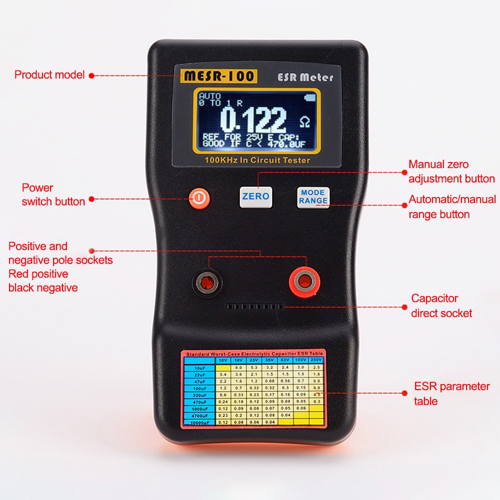 MESR-100 ESR Capacitance Ohm Meter Capacitance Internal Resistance Circuit Test