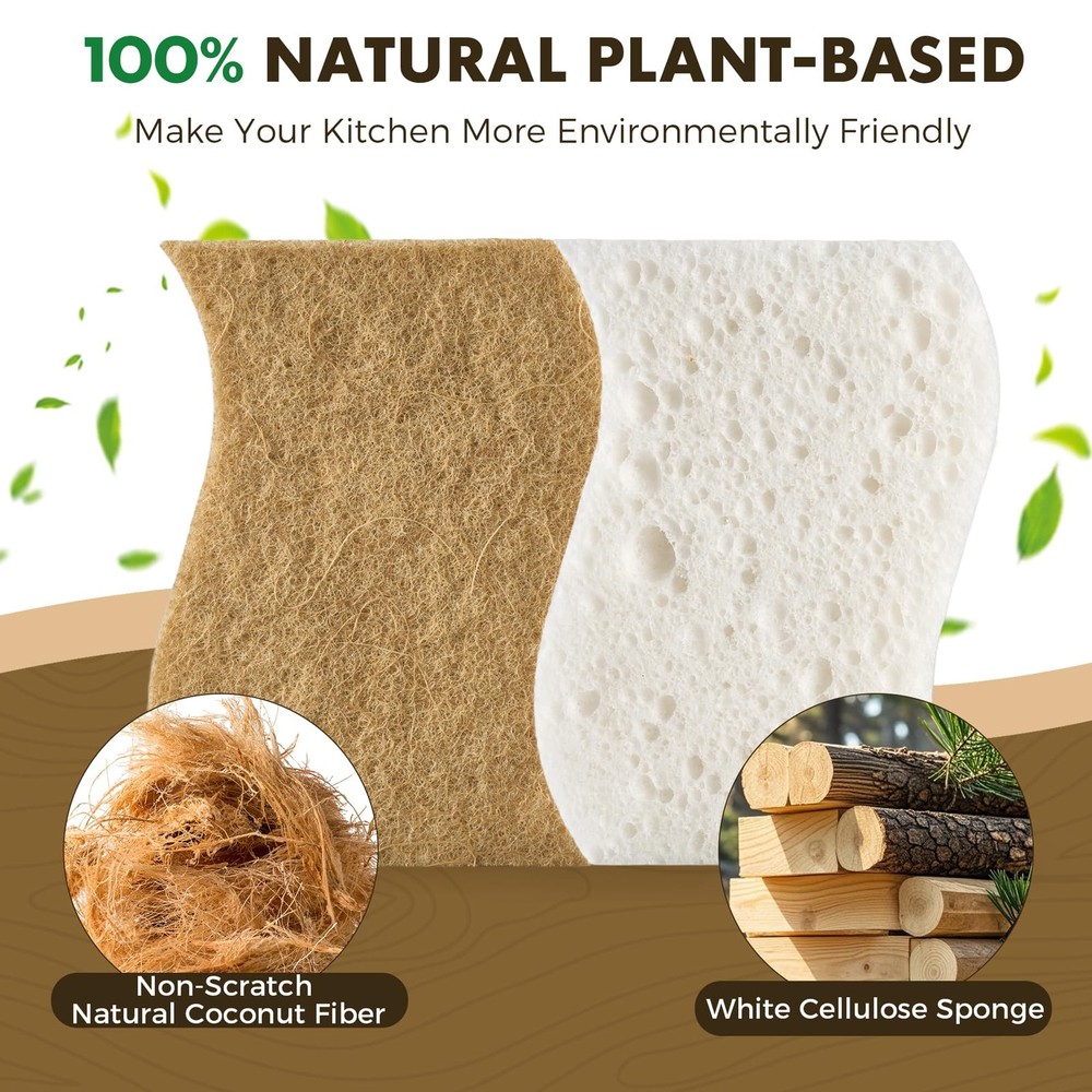 12 Pack Natural Biodegradable Kitchen Non Scratch Sponges,Compostable Plant B...