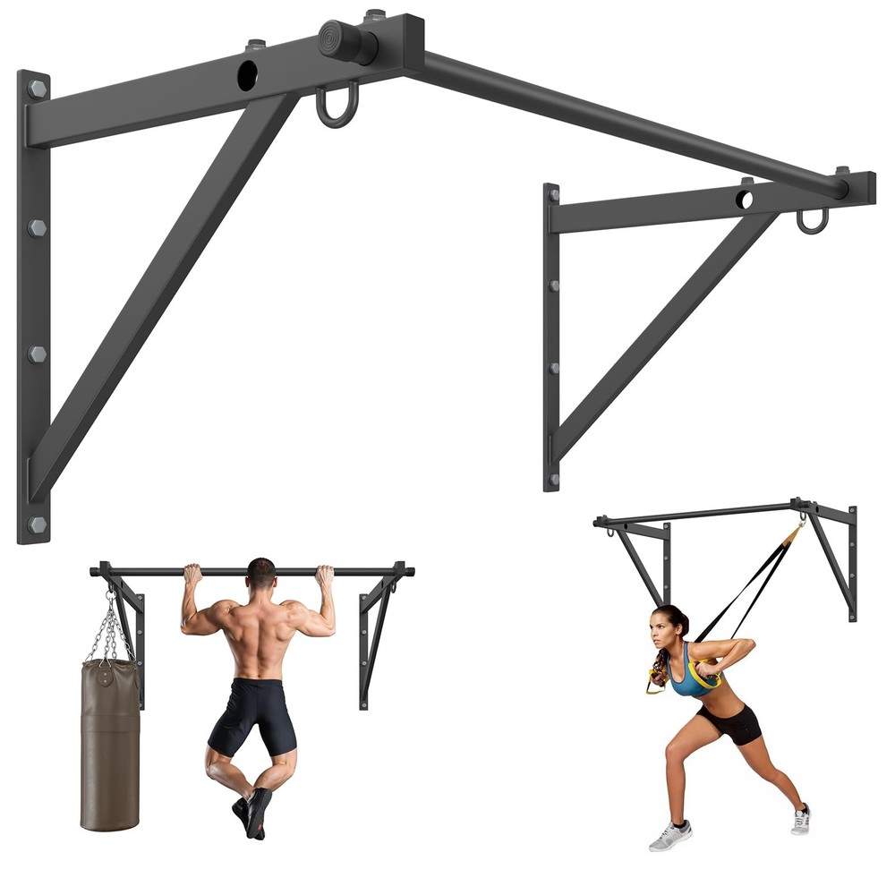 Jusgym Wall Mounted Pull Up Bar, Adjustable Depth 51" Chin Black
