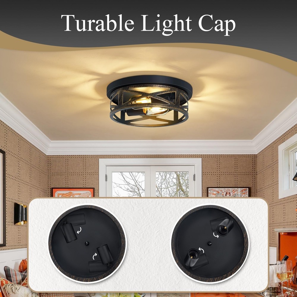 Flush Mount Ceiling Light Fixture,Rustic Metal Black 2-Light Hallway Light Fi...