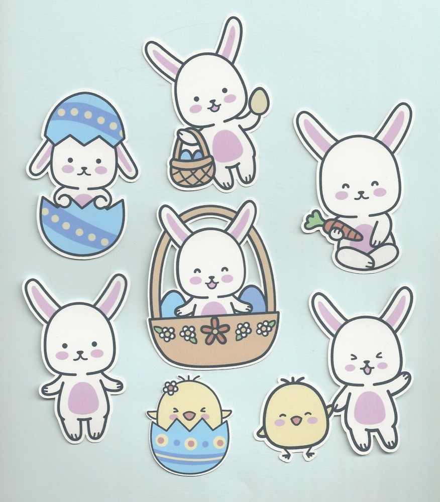 Bunny Die Cuts, 7 pcs. 3" tall (chick 2"), Printed, Easter, Scrapbooking, Spring