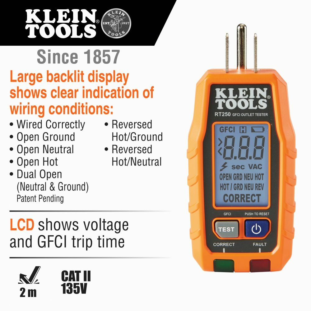 Klein Tools RT250 GFCI Receptacle Tester with LCD Display