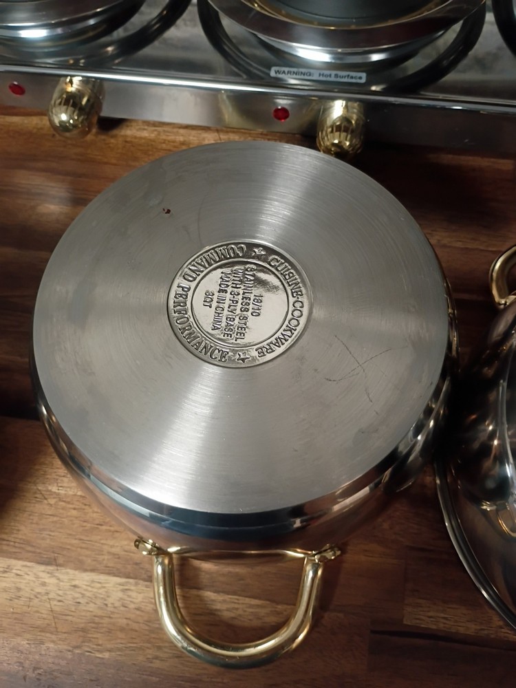 Command Performance Stainless/ Gold Buffet Cookware Set 3 Pots Lids & Warmer
