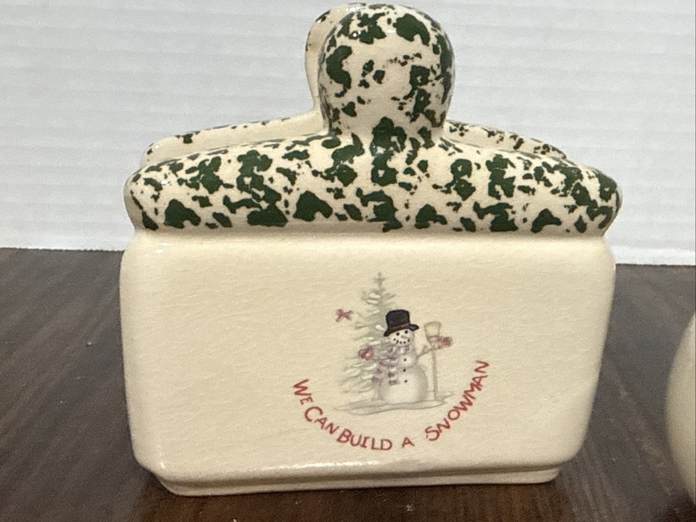 We Can Build a Snowman 5 Pc Stoneware Table Top Set With Box Missing Spoon Rest