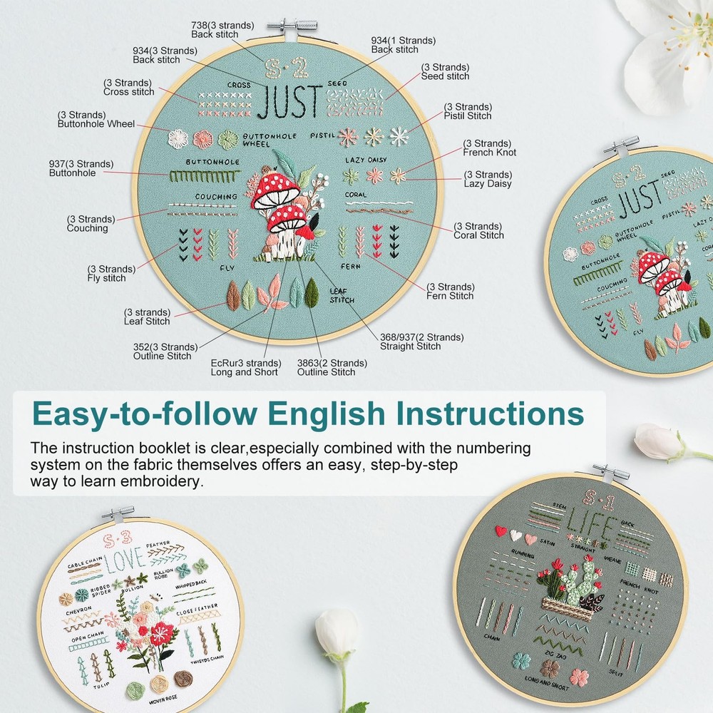 KintKita 3 Sets Embroidery Kit for Beginners to Learn 36 Basic Beginner