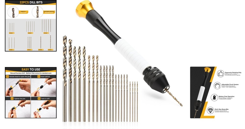 Compact Pin Vise Hand Drill Set with 22 Precision Micro Bits (0.6mm-2.5mm)