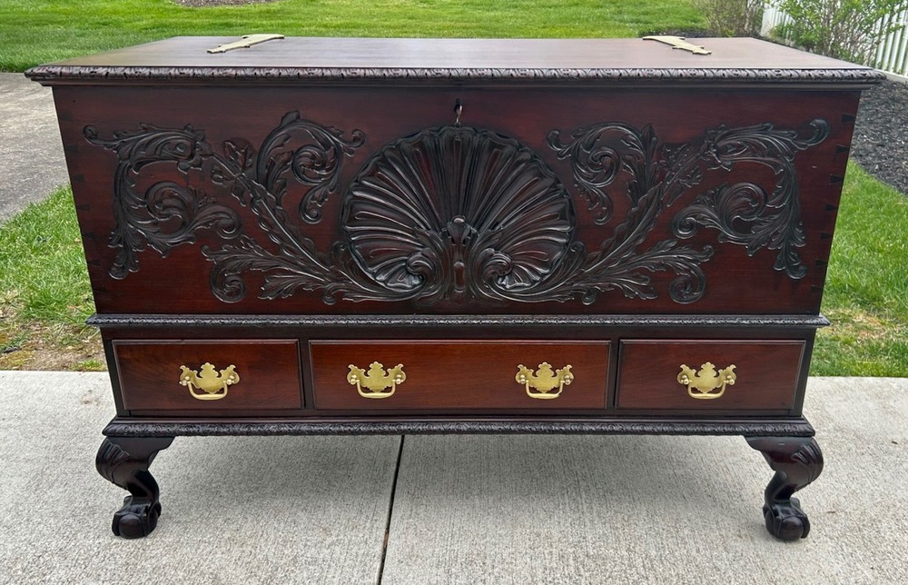 Antique Solid Mahogany Shell Carved Claw Foot Centennial Blanket Chest