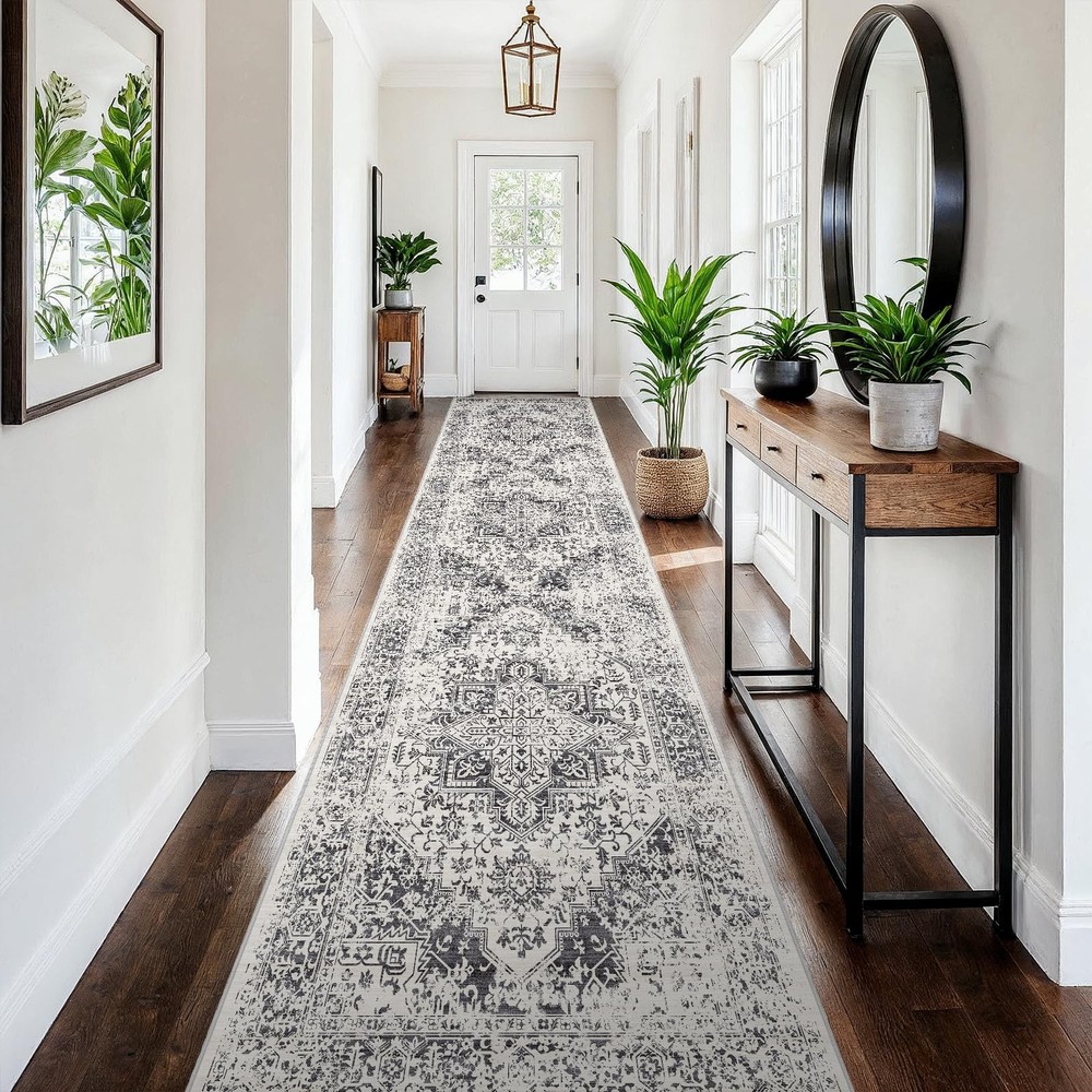3x15 Washable Hallway Runner Rug - Vintage Kitchen 3x15, Distressed Grey