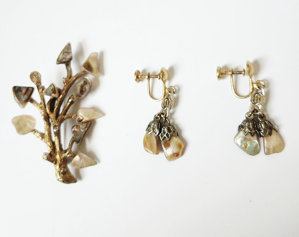 Vintage Abalone Dangle Earrings Plus Gold Tone Brooch