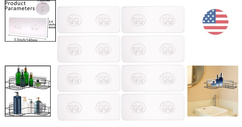 Strong Double Hook Shower Caddy Adhesive - 8 Pack, Ideal for Kitchen & Bath