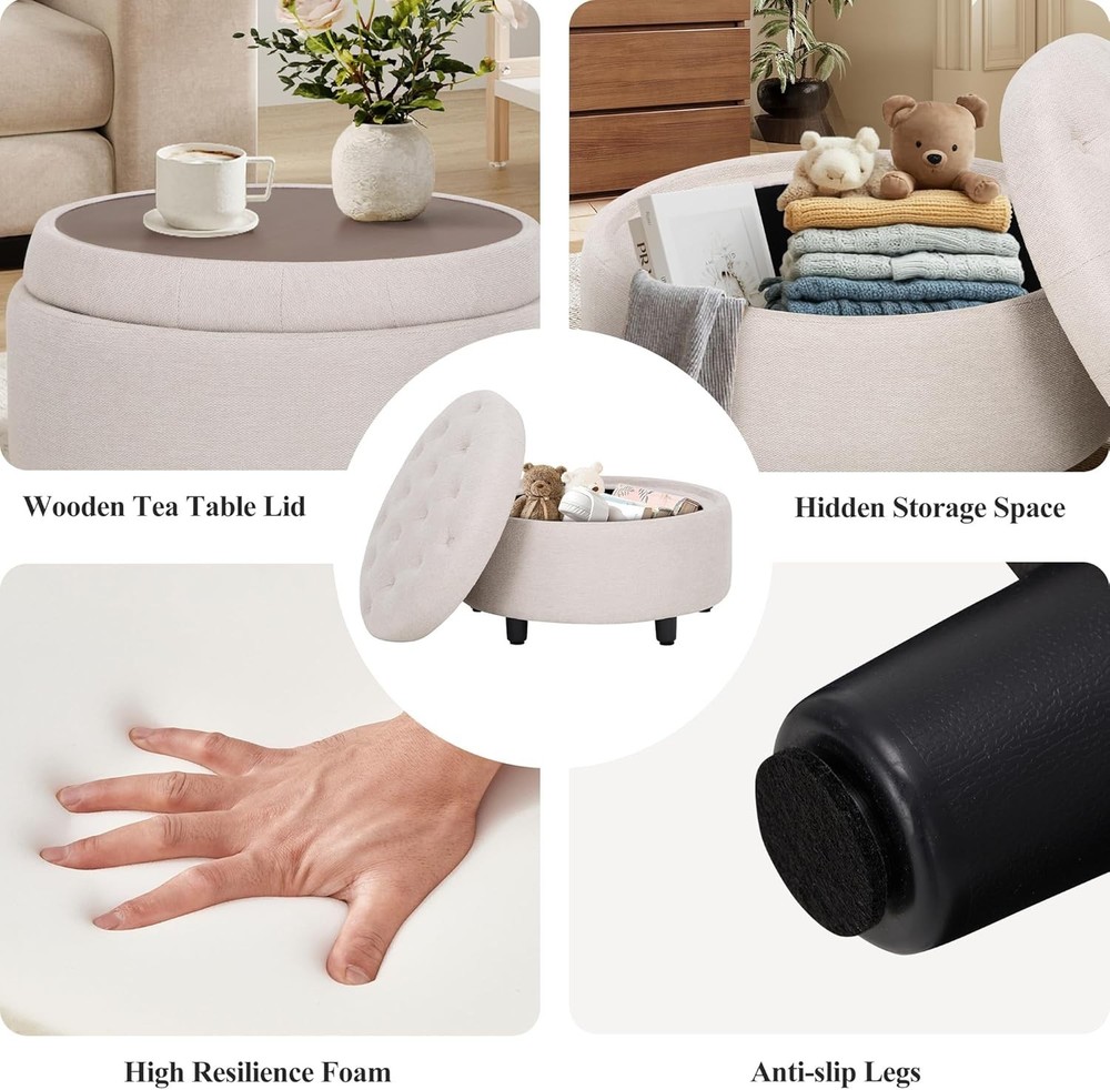 Fabric Round Storage Ottoman W/ Reversible Tray Lid – Multi-Functional Footrest