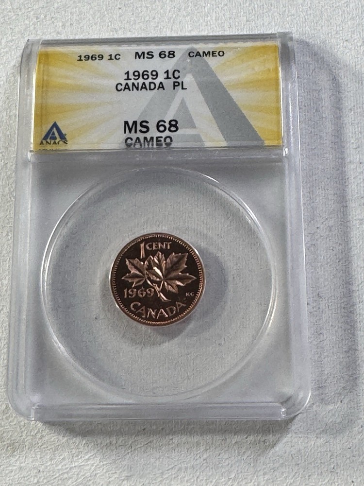 1969 Canada 1 Cent Proof Like Graded MS 68 RD Cameo by ANACS
