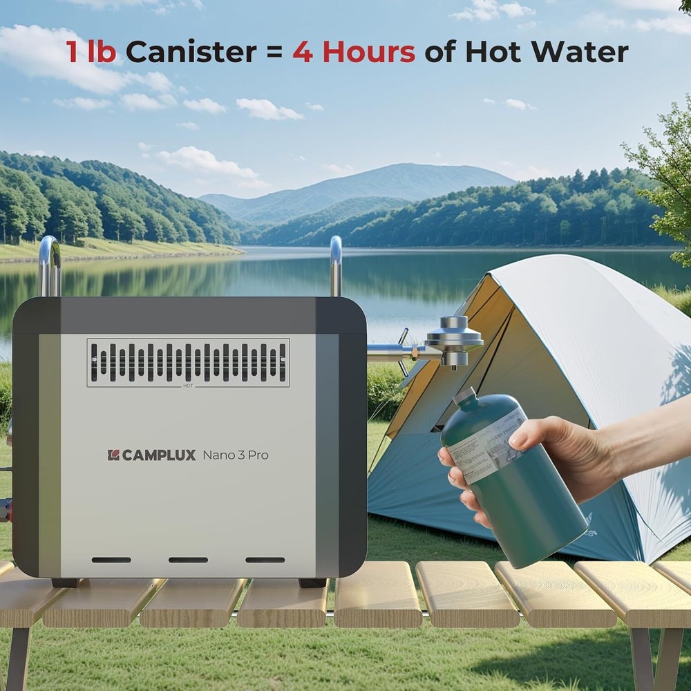 Camplux 1lb Propane Tankless Water Heater On Ground Portable Shower for Outdoor