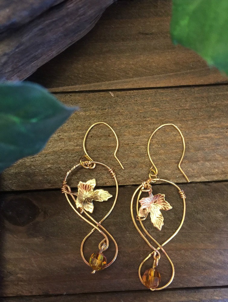 Handmade Infinity Curved Ear Wire with Gold-Plated/ Leaf Charm/ Crystal