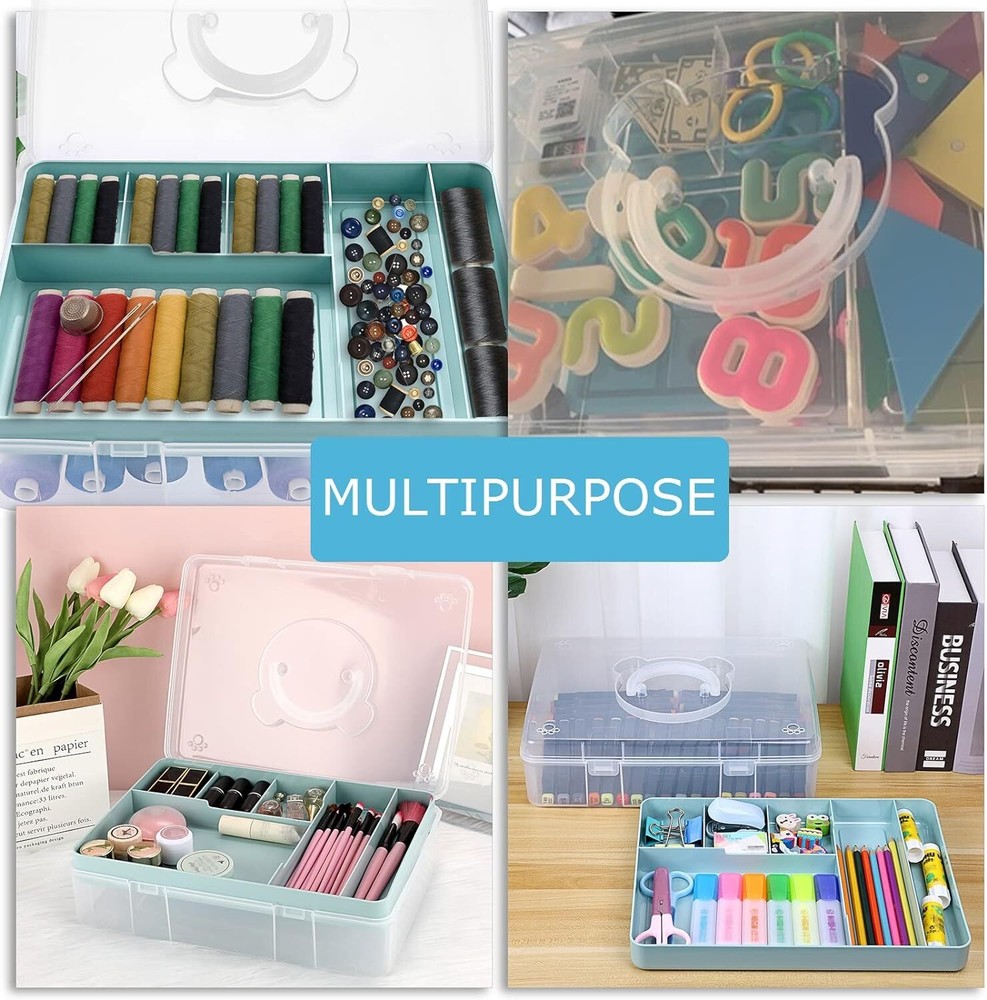 BTSKY 2-Tier Cute Bear Storage Box with Removable Divided Tray Portable Blue