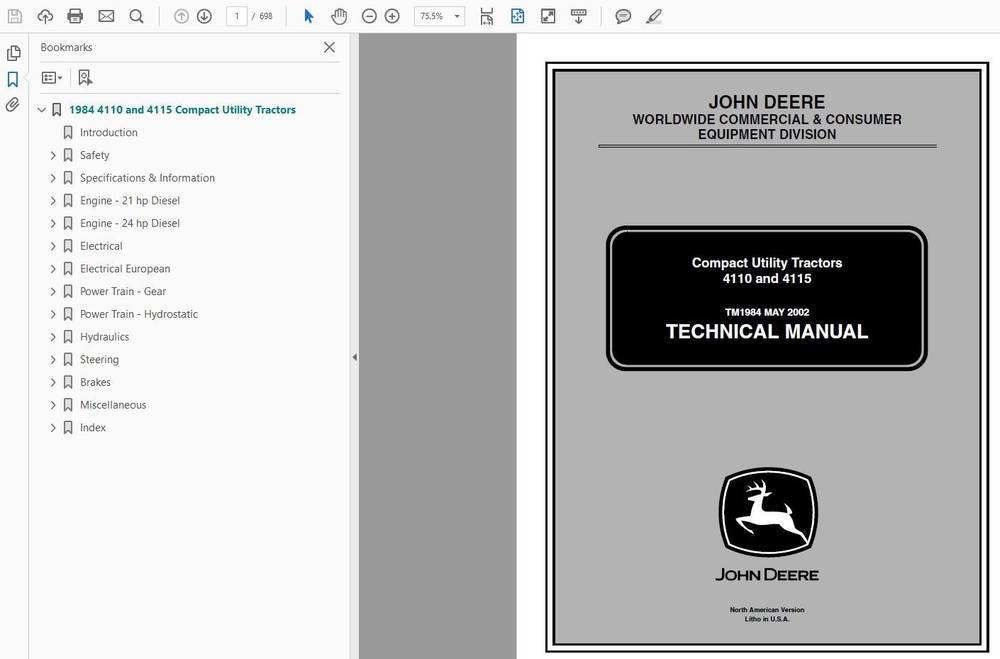 John Deere 4110 and 4115 Compact Tractor Technical Service Manual CD TM1984 CD