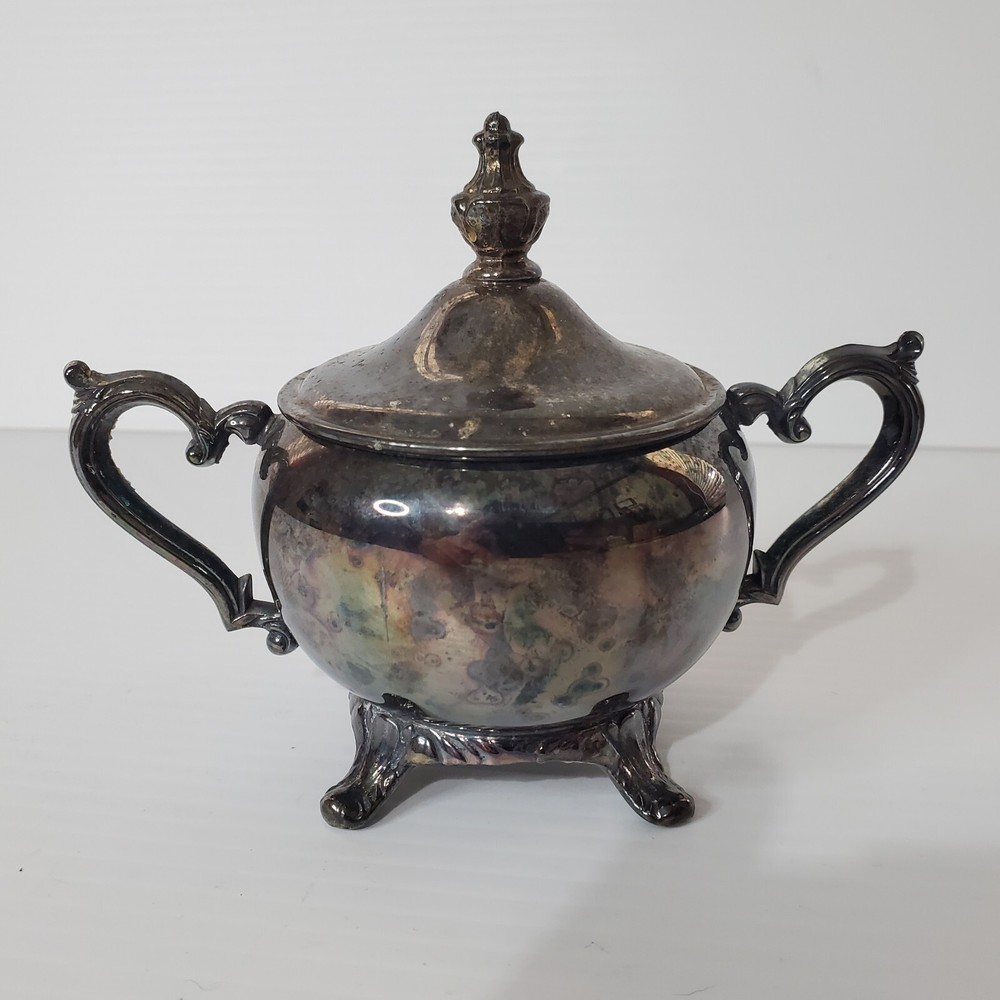 Vintage Silverplate Serving Sugar Bowl Container Footed Ornate Unmarked