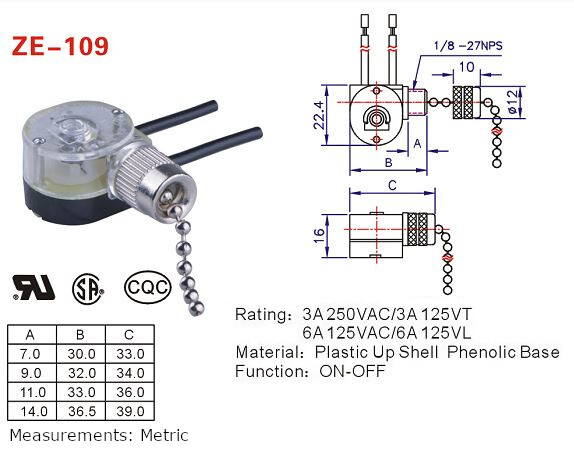 Ceiling Fan Light Lamp Replacement Pull Chain Switch ZE-109 Zing Ear Brand